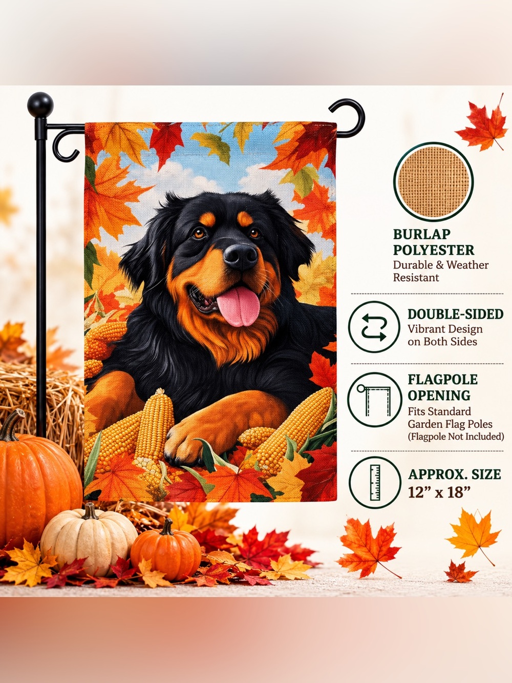 Garden flag, autumn Rottweiler dog, burlap polyester, double-sided, 12“ x 18“